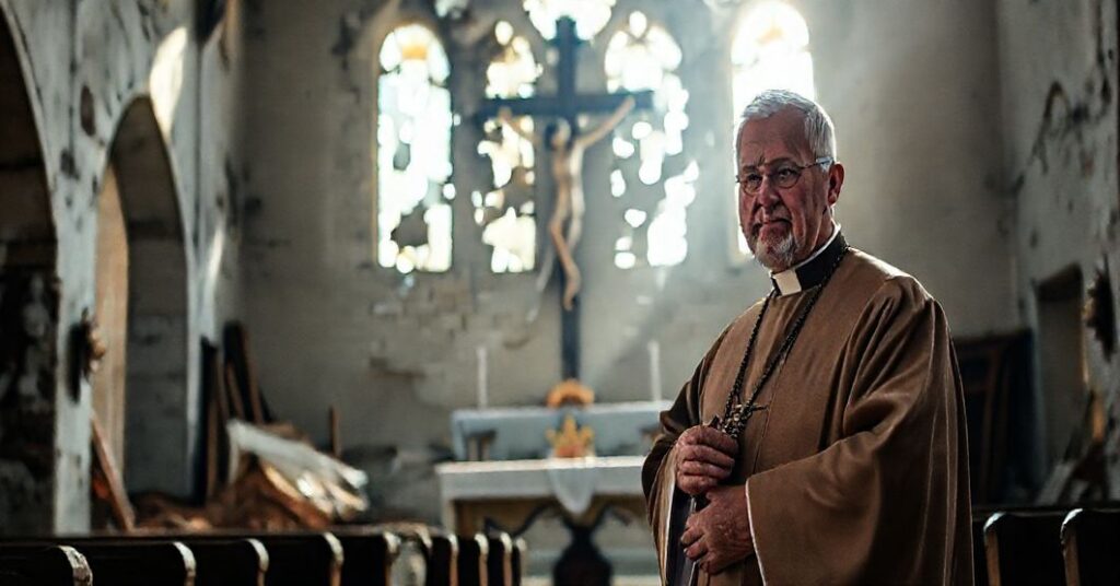 Ksiądz w tradycyjnych szatach modli się w zniszczonym kościele po huraganie, symbolizując potrzebę nawrócenia i przywrócenia panowania Chrystusa Króla