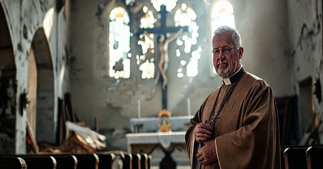 Ksiądz w tradycyjnych szatach modli się w zniszczonym kościele po huraganie, symbolizując potrzebę nawrócenia i przywrócenia panowania Chrystusa Króla