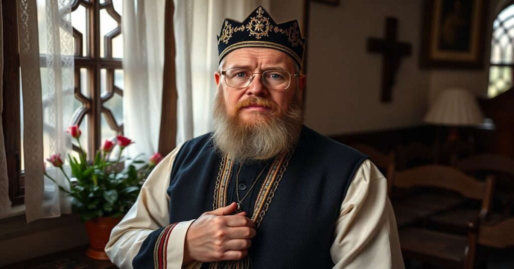 Prawdziwy katolicki mężczyzna w tradycyjnym stroju duchownym modli się na tle rowerzystów symbolizujących doczesność.