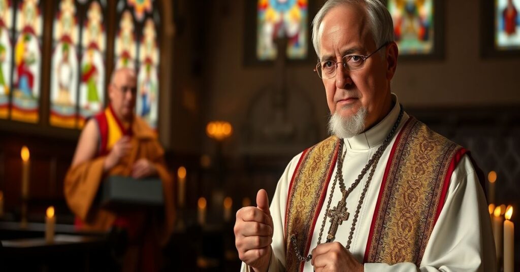 Tradycyjny ksiądz w szatach liturgicznych trzymający różaniec w kościele z witrażami i świecami na tle Dalajlamy z nagrodą Grammy, symbolizujący apostazję Zachodu