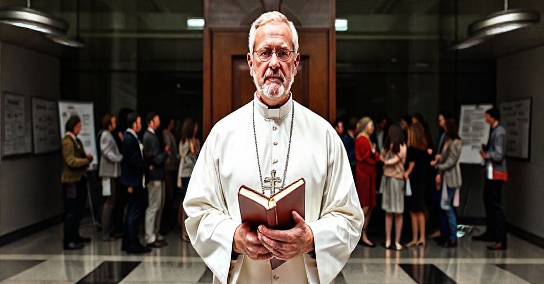 Tradycyjny ksiądz w sutannie stoi przed zamkniętym drzwiami kościoła, wyrażając poważne obawy. Na tle grupa ludzi w swobodnym ubraniu gestykuluje w nowoczesnym pomieszczeniu z tablicami i plakatami z hasłami synodalnymi.