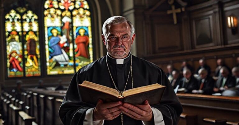 Tradycyjny katolicki ksiądz w kościele przed sądem secularnym, trzymając Biblię i stając się w obliczu prześladowań