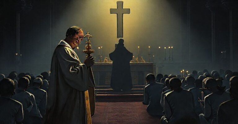 Ksiądz trzymający monstrancję z Najświętszym Sakramentem w kościele, otoczony modlącymi się wiernymi, na tle cieni rządowych urzędników symbolizujących zaniedbanie praw boskich.