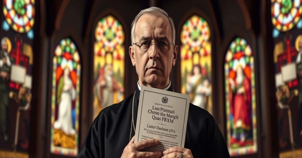 Tradycyjny katolicycki ksiądz w ornaty w kościele ze witrażami przedstawiającymi Chrystusa Króla, trzymający encyklikę Quas Primas