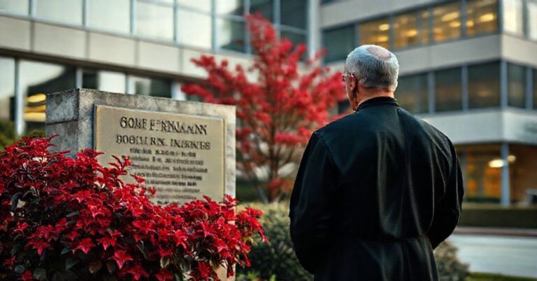 Ksiądz w tradycyjnym ornacie stoi przed szpitalem, patrząc na tablicę pamiątkową poświęconą przeszczepom serca z czerwoną kaliną koralową na tle.