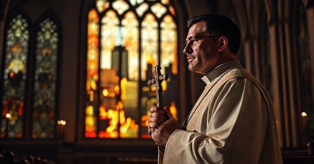 Ksiądz katolicki w tradycyjnych szatach liturgicznych patrzy z okna na płonącą nowojorską panoramę przez witrażowy okiennicowy wzór. Scena symbolizuje upadek Zachodu pod rządami Zohrana Mamdaniego i anarcho-islamizmu.