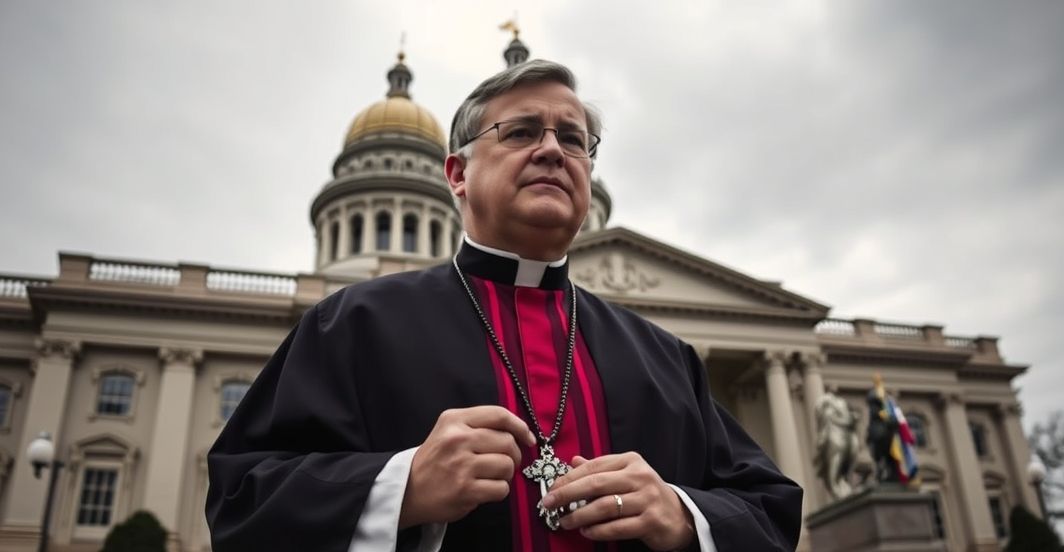 Katolicki książ w tradycyjnych szatach liturgicznych, trzymający różaniec, stojący przed gmachami legislacyjnymi w Pensylwanii, wyrażający smutek i modlitwę nad aborcyjną rewolucją.