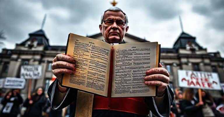 Katolicki książ stoi przed budynkiem rządu kanadyjskiego trzymając Biblię przeciwko nowym ustawom karzącym cytowanie Pisma Świętego