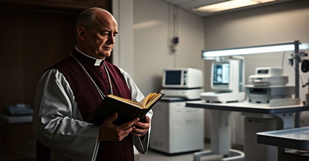 Książ katolicki w tradycyjnym ornacie stoi w ciemnym konfesjonału trzymając Biblię, patrząc na nowoczesną klinikę IVF z zamrożonymi embrionami.