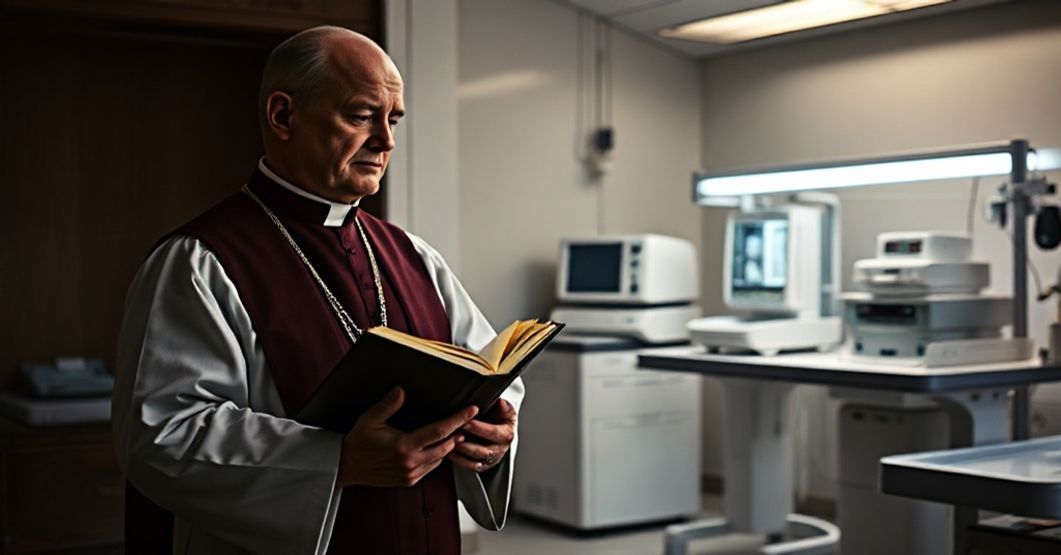 Książ katolicki w tradycyjnym ornacie stoi w ciemnym konfesjonału trzymając Biblię, patrząc na nowoczesną klinikę IVF z zamrożonymi embrionami.