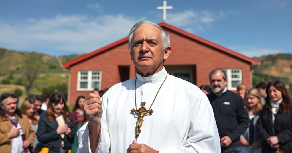 Ksiądz katolicki trzyma krucyfiks podczas protestu przeciwko fałszywym oskarżeniom o masowe groby w szkołach rezydencjonalnych w Kanadzie