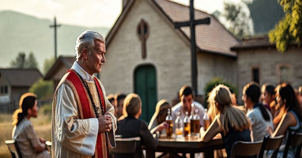 Książ katolicki w tradycyjnych ornatach stoi przed kościołem, trzymając różaniec, patrząc na młodzież, która gromadzi się wokół alkoholem, symbolizując potrzebę moralnego przewodnictwa w walce z alkoholizmem.
