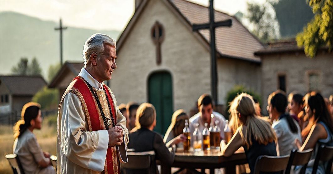 Książ katolicki w tradycyjnych ornatach stoi przed kościołem, trzymając różaniec, patrząc na młodzież, która gromadzi się wokół alkoholem, symbolizując potrzebę moralnego przewodnictwa w walce z alkoholizmem.