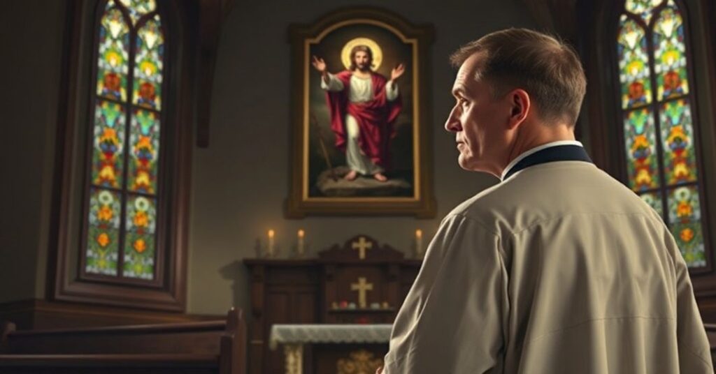 Ksiądz w tradycyjnej szacie liturgicznej stoi w ciemnej kościelnej niszy, patrząc na obraz Chrystusa Króla. Scena podkreśla kontrast między ludzkim optymizmem a nadprzyrodzoną nadzieją.