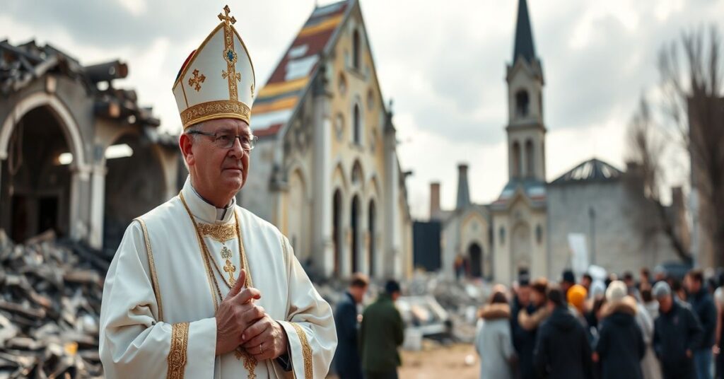 Książ katolicki modlący się przed ruinami kościoła na Ukrainie z Najświętszym Sakramentem, symbolizując duchową pomoc w czasach kryzysu.