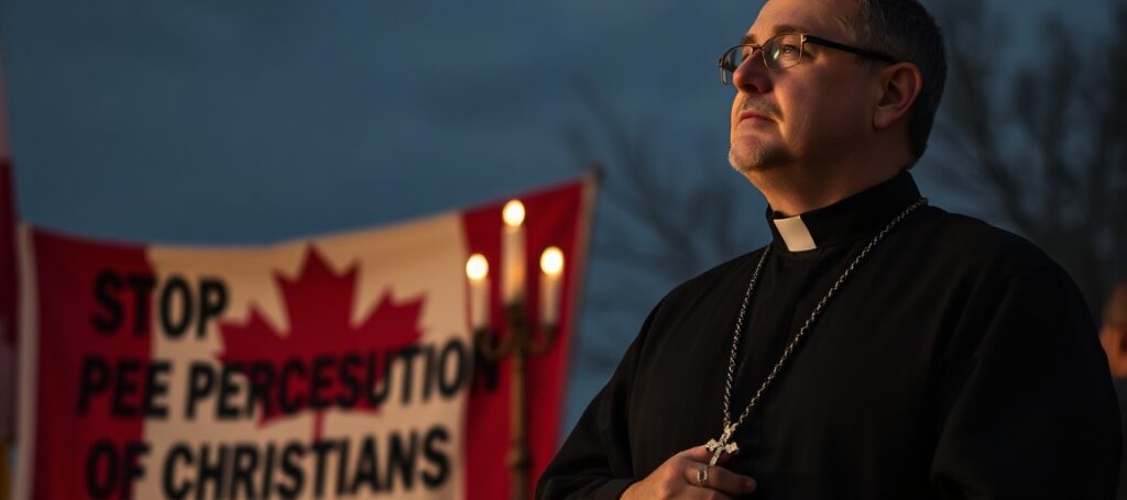 Prawdziwy katolicki ksiądz modli się przed flagą Kanady z transparentem "Canadian Anti-Hate Network" w tle - symbol walki z prześladowaniem katolików.