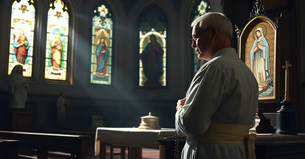 Tradycyjny ksiądz w kościele z różańcem w ręku i obrazem Matki Bożej Fatimskiej w tle.
