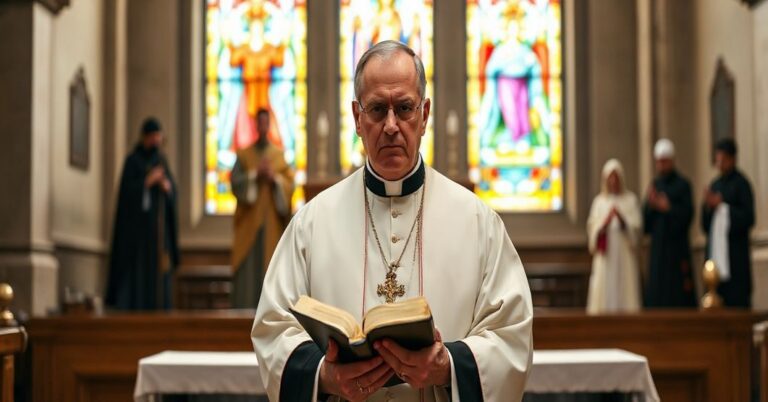 Katolicki ksiądz w tradycyjnych szatach liturgicznych stojący przed ołtarzem z wyraźnym wyrazem twarzy symbolizującym obronę wiary przed ekumenicznym kompromisem