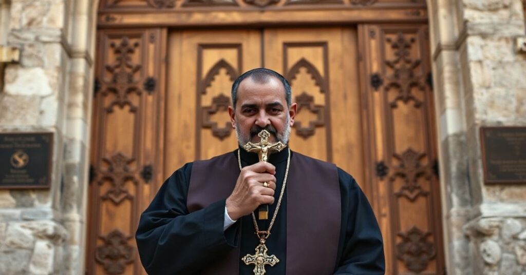 Tradycyjny katolicki książ w ornamentach stanąc przed bramami Ormiańskiego Patriarchatu w Jerozolimie, trzymając krzyż w gestach przeciwstawił się świeckim władzom. Tło przedstawia konflikt między sakralną a świecką władzą w Jerozolimie.