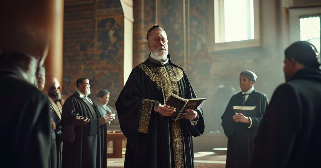 Ksiażę w tradycyjnych szatach kapłańskich stoi przed budynkiem kanadyjskiego parlamentu, trzymając Biblię w rękach z wyrazem determinacji. Scena jest oświetlona naturalnym światłem, podkreślającą duchową opozycję wobec świeckiego przymusu.