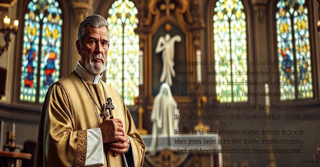 Ksiądz w tradycyjnych szatach liturgicznych stoi przed barokowym ołtarzem, trzymając krzyż, z widkiem cieniastego ducha na tle. Scena oświetlona delikatnym światłem z witraży, podkreślając powagę i ostrożność wobec fałszywego duchowego kontaktu.