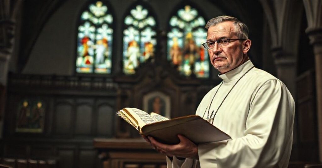 Książ katolicki w białej sutannie i zuchettę trzymający otwartą Biblię przed ozdobnym amboną w tradycyjnej wnętrzu kościoła.