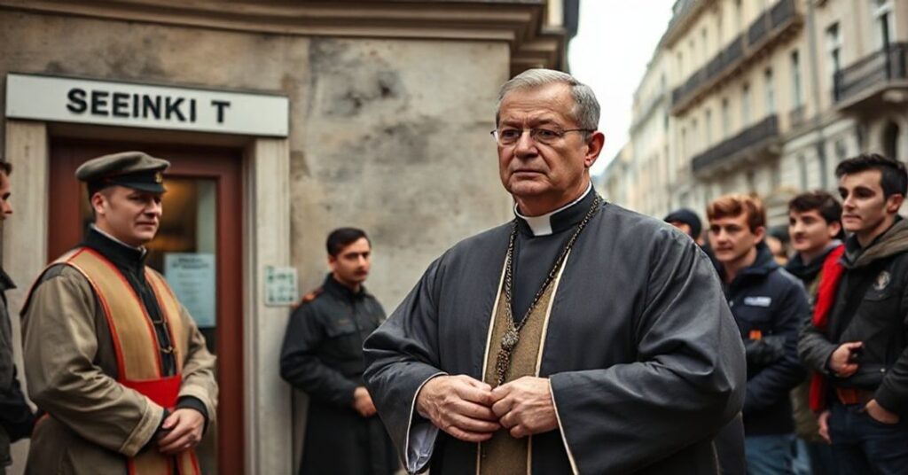 Książ katolicki w tradycyjnych szatach stoi przed biurem poboru do wojska, trzymał rosaryj w ręce podczas gdy grupa młodzieży patrzy na niego z niepokojem. Scena przedstawia konflikt między wiarę a państwem w kontekście chrześcijańskiego nauczenia.