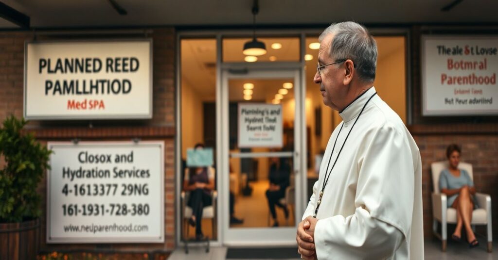 Tradycyjny ksiądz katolicki stojący przed zamkniętą kliniką Planned Parenthood przekształconą w medspę, z napisem o usługach Botox i nawodnienia.