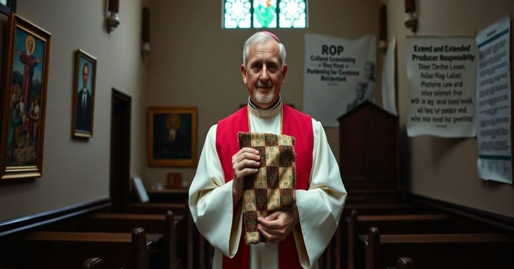 Ksiądz katolicki w tradycyjnych szatach liturgicznych trzyma stary kawałek tkaniny, symbolizując konflikt między chrześcijańskimi wartościami a świecką agendą ekologiczną.