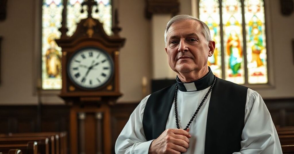 Ksiądz katolicki w tradycyjnych szatach liturgicznych stoi w cichnym wnętrzu kościoła z różańcem w ręku, obok zegara wskazującego zmianę czasu. W tle witraże przedstawiają Sąd Ostateczny.