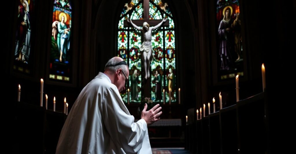 Kneeling priest in traditional cassock before crucifix in solemn church setting