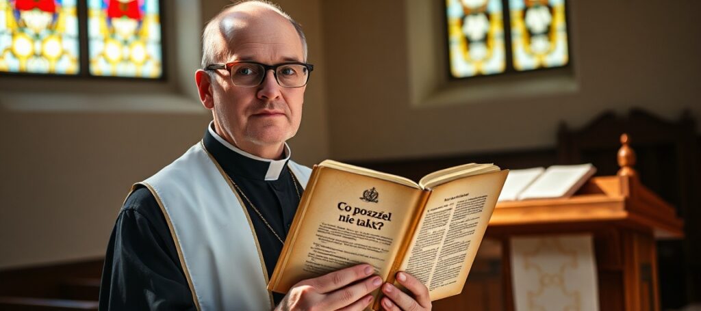 Ksiądz w tradycyjnych szatach liturgicznych trzyma książkę Omera Bartova przed otwartym Biblią w kaplicy