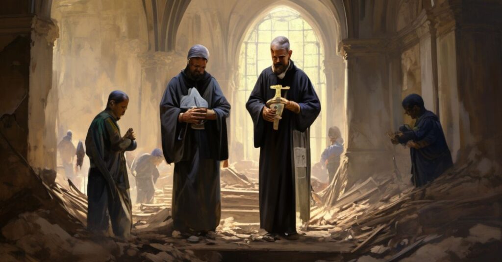 Ksiądz w tradycyjnych szatach liturgicznych pomaga rannym w Strefie Gazy podczas bombardowania