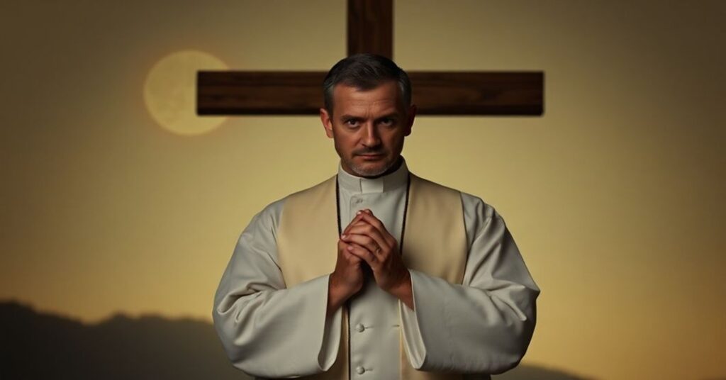 Ksiądz katolicki modląc się przed krzyżem z obrazem niedołożonego dziecka na tle krajobrazów kanadyjskich i afrykańskich.