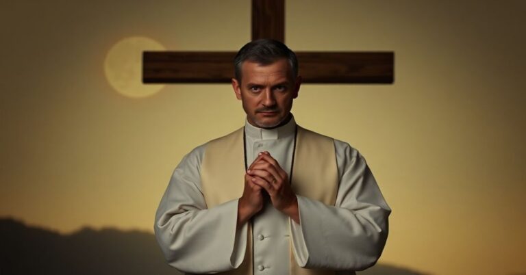 Ksiądz katolicki modląc się przed krzyżem z obrazem niedołożonego dziecka na tle krajobrazów kanadyjskich i afrykańskich.