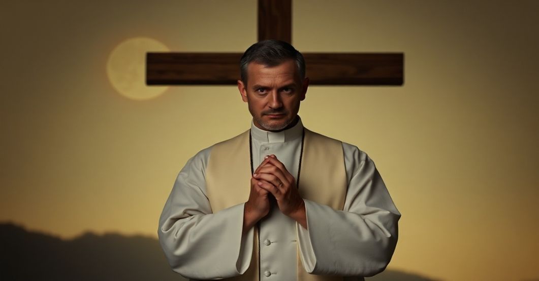 Ksiądz katolicki modląc się przed krzyżem z obrazem niedołożonego dziecka na tle krajobrazów kanadyjskich i afrykańskich.