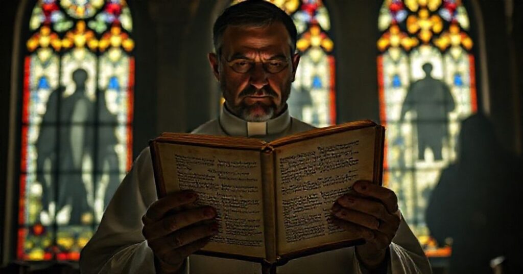 Ksiądz katolicki trzyma otwartą Biblię w ciemnym kościele, skoncentrowany na tekstach potępiających sodomię. Scena ukazuje konflikt między prawem Bożym a sekularyzmem.