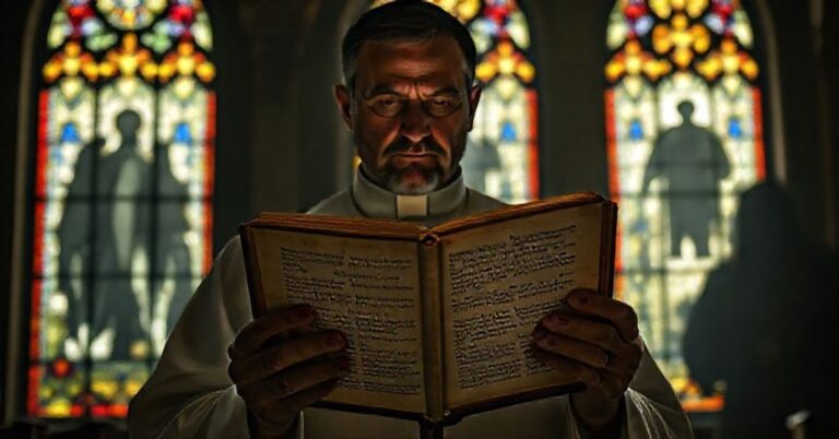 Ksiądz katolicki trzyma otwartą Biblię w ciemnym kościele, skoncentrowany na tekstach potępiających sodomię. Scena ukazuje konflikt między prawem Bożym a sekularyzmem.