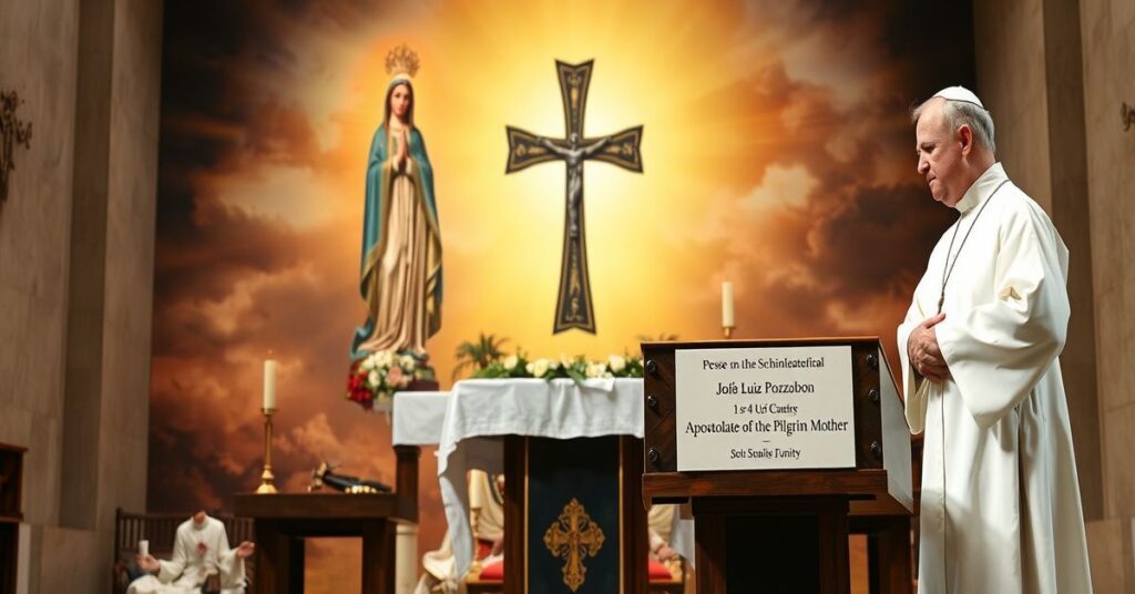 Tradycyjny ksiądz w sutannie patrzy z wyzwiskiem na nowoczesny podium prezentujący Joãa L. Pozzobona i Apostolat Pielgrzymującej Matki Bożej w chaotycznym kościele.