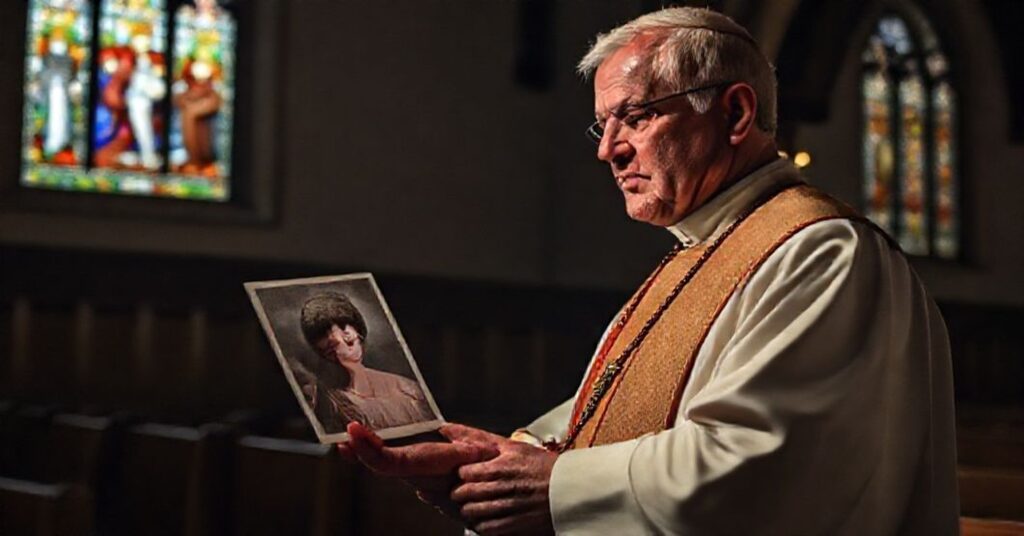 Ksiądz katolicki w tradycyjnych ornatach trzyma różaniec przed fotografią osoby zmarłej z powodu eutanazji w Australii Zachodniej.