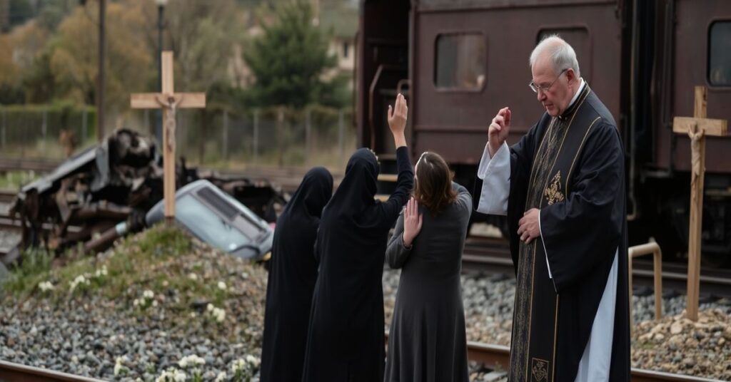 Tradycyjny ksiądz katolicki udziela ostatniego namaszczenia rodzinie po katastrofie kolejowej w Kordobie