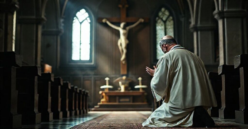 Tradycyjny ksiądz w pełnym stroju liturgicznym modli się przed krzyżem w ciemnym kościele, symbolizując kryzys duchowy i potrzebę pokuty.