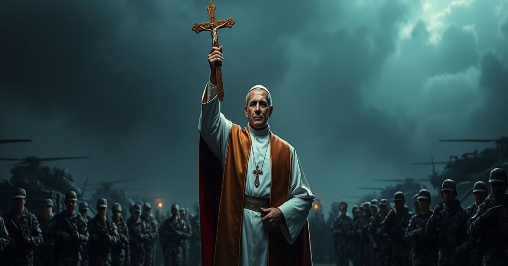 Ksiądz w sutannie przed bazą wojskową z żołnierzami gotowymi do wysłania na wojnę, trzymając krzyż jako symbol braku Chrystusa Króla w współczesnej wojnie