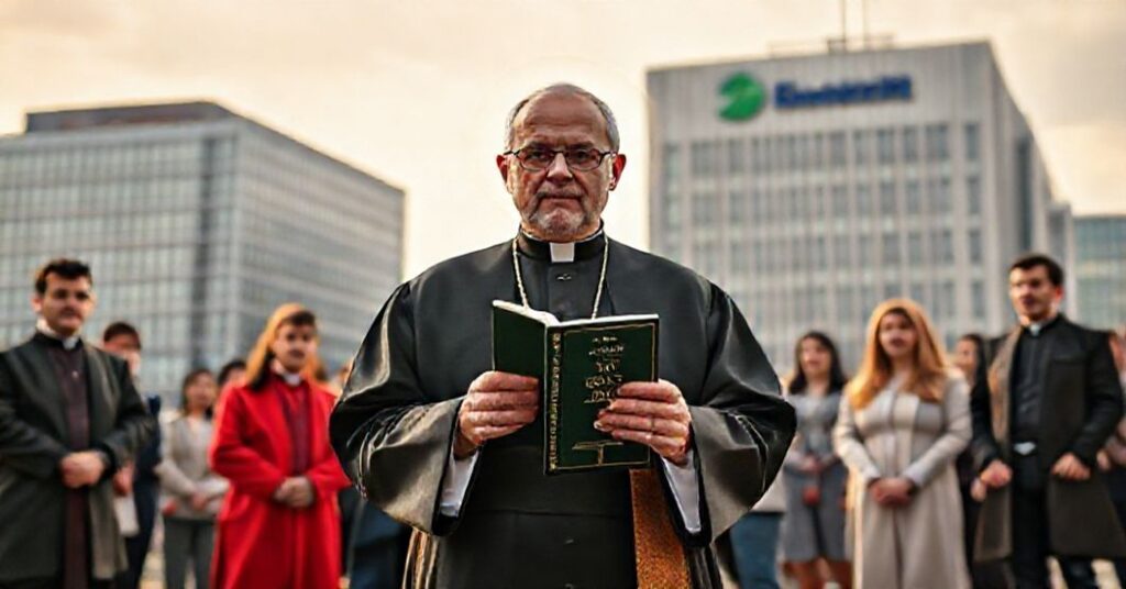 Ksiądz w tradycyjnych szatach stoi przed miastem, trzymając heretyckie poradniki 'Język w głębie', podczas gdy ludzie patrzą z obawą. Tło przedstawia budynek z logo Banku Pekao S.A.