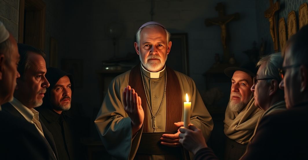 Tradycyjny katolicki ksiądz w sutannie stoi w ciemnym pokoju, oświetlony jedyną świecą. Wokół niego znajdują się kilku Żydzi, ich twarze pełne obaw i nadziei. Ksiądz delikatnie błogosławi jednego z nich, symbolizując ochronę i duchowe prowadzenie. Scena rozgrywa się w skromnym, zatarciom pokoju z katolickimi przedmiotami i krzyżem na ścianie, co buduje wrażenie pilności i tajemnicy. Atmosphera jest ciężka z ciężarem czasów, ale w postawie kapłana widoczna jest cicha determinacja, odzwierciedlająca jego misję ratowania życia w zgodzie z nauką Kościoła.
