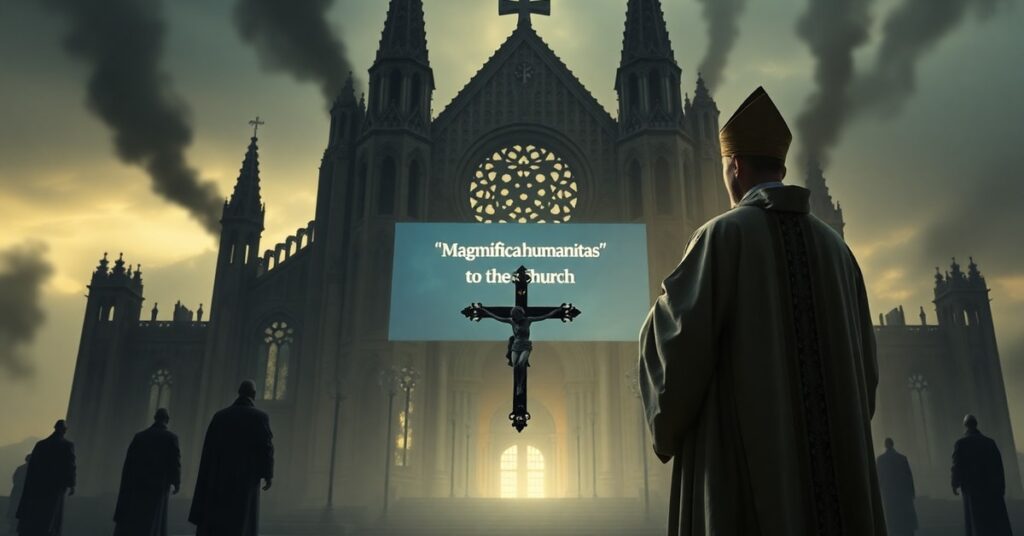 Tradycyjny ksiądz katolicki w ornacie stojący przed zrujnowanym modernistycznym kościołem, symbolizujący apostazję Kościoła