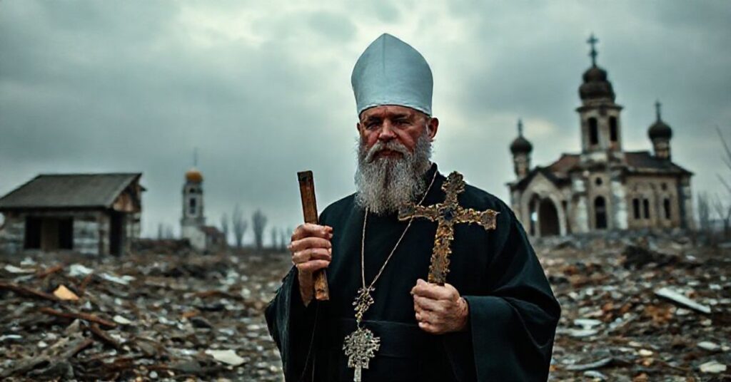 Tradycyjny katolicki ksiądz modli się na tle zniszczonej archidiecezji w Donbasie, symbolizując brak moralnego porządku w wojnie.