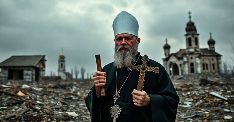 Tradycyjny katolicki ksiądz modli się na tle zniszczonej archidiecezji w Donbasie, symbolizując brak moralnego porządku w wojnie.
