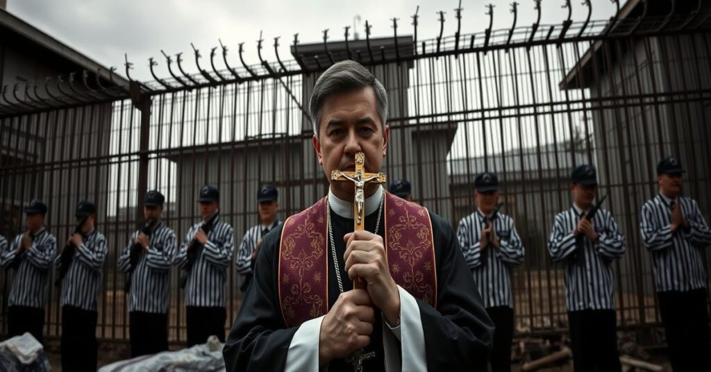 Ksiądz w tradycyjnej szacie stojący przed płotem północnokoreańskiego obozu, trzymający krucyfiks i modlący się za dusze więźniów.