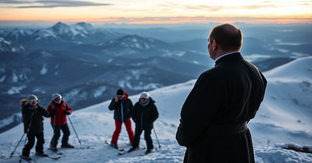 Ksiądz w tradycyjnym ornacie na Kasprowym Wierchu przypominający o duchowej pustce wśród świątecznej rozrywki